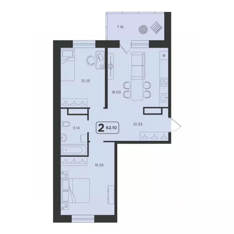 2-к кв. Тюменская область, Тюмень Горизонт жилой комплекс (62.1 м) - Фото 1