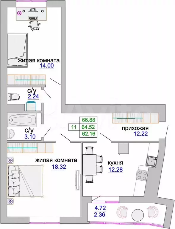 2-к. квартира, 65,3 м, 4/9 эт. - Фото 1