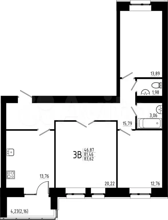 3-к. квартира, 83,6 м, 8/23 эт. - Фото 0