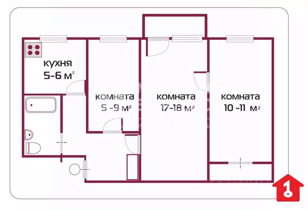 3-к кв. Омская область, Омск ул. Индустриальная, 2 (54.5 м) - Фото 1