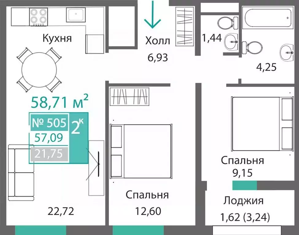 2-к кв. Крым, Симферополь Крымская роза мкр,  (58.71 м) - Фото 0