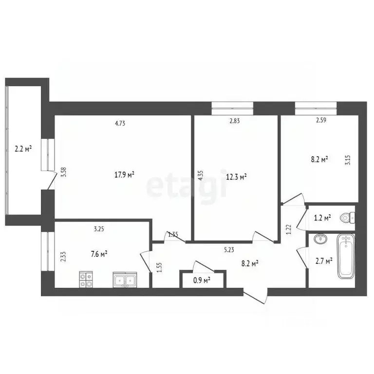 3-к кв. Томская область, Северск Лесная ул., 9Б (59.9 м) - Фото 2