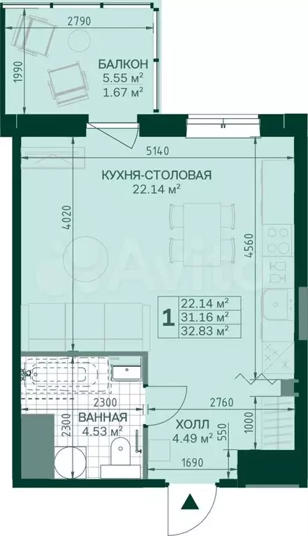 Квартира-студия, 31,2 м, 10/14 эт. - Фото 1