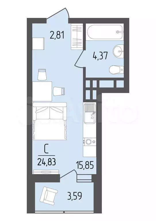 Квартира-студия, 24,8 м, 18/18 эт. - Фото 0