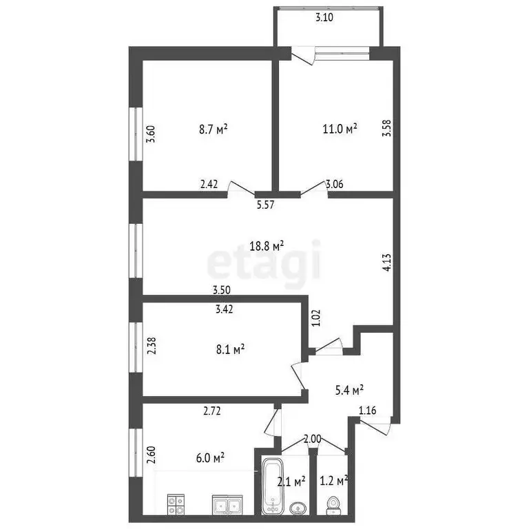 4-комнатная квартира: Стерлитамак, улица Худайбердина, 150 (59.8 м) - Фото 0