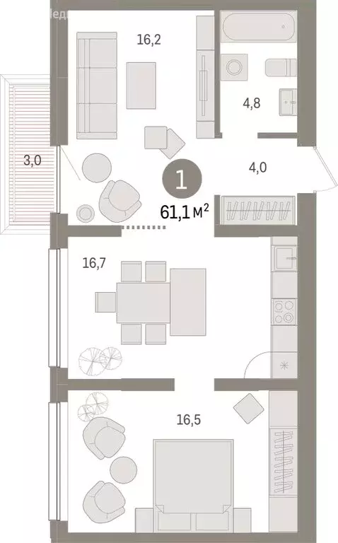 1-комнатная квартира: Тюмень, Мысовская улица, 26к1 (61.06 м) - Фото 1