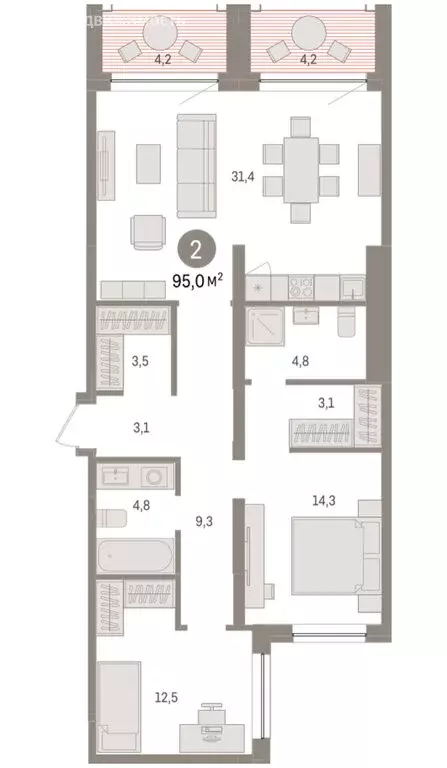 2-комнатная квартира: Тюмень, ЖК Дом у Озера (94.96 м) - Фото 1