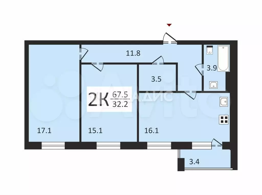 2-к. квартира, 67,5 м, 3/3 эт. - Фото 0