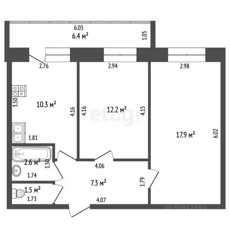 2-к кв. Чувашия, Чебоксары ул. Грасиса, 1к1 (51.8 м) - Фото 2