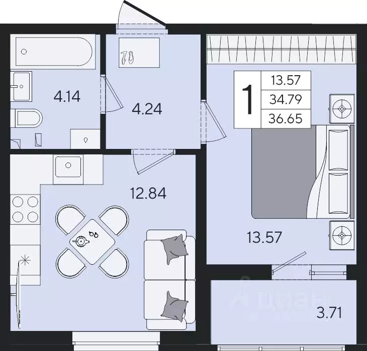 1-к кв. Краснодарский край, Краснодар  (36.65 м) - Фото 2