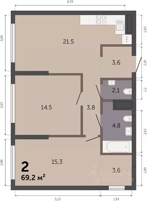2-к кв. Свердловская область, Екатеринбург Южный жилрайон,  (69.2 м) - Фото 1