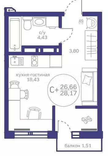 Квартира-студия, 26,7 м, 5/10 эт. - Фото 1
