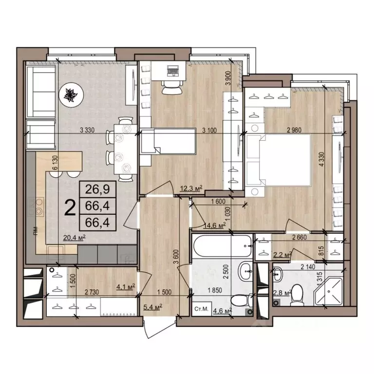 2-к кв. Рязанская область, Рязань ул. Новоселов, 33Б (66.4 м) - Фото 1