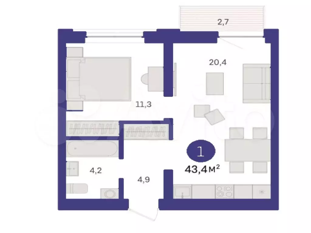 1-к. квартира, 43,4 м, 6/9 эт. - Фото 1