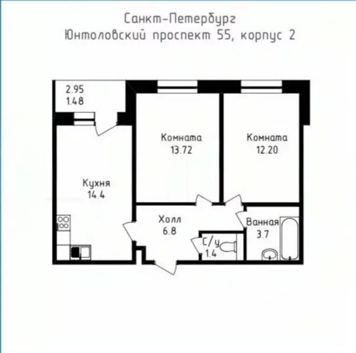 2-к кв. Санкт-Петербург просп. Юнтоловский, 55к2 (51.9 м) - Фото 2