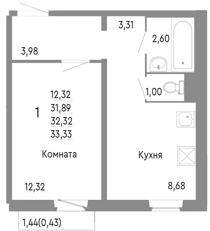 1-комнатная квартира: Челябинск, улица Блюхера, 123К (32.32 м) - Фото 1