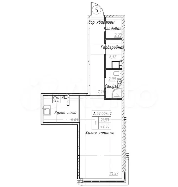 Квартира-студия, 42,6 м, 2/9 эт. - Фото 0