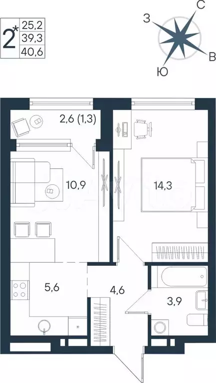 2-к. квартира, 40,6 м, 4/15 эт. - Фото 0