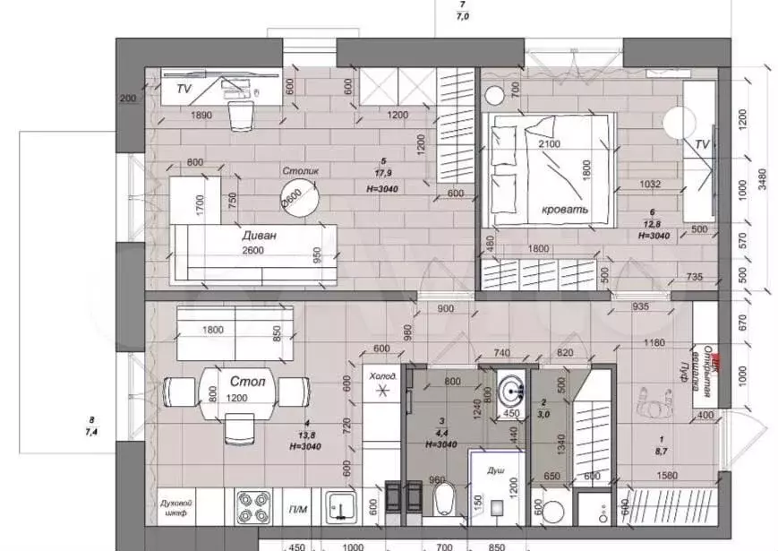 2-к. квартира, 61 м, 3/4 эт. - Фото 0