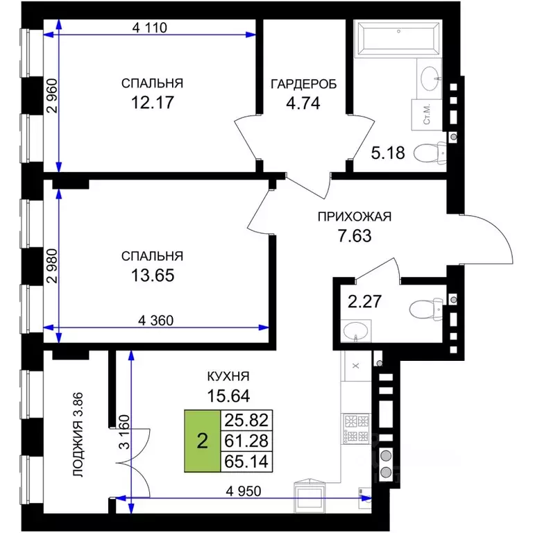 2-к кв. Калининградская область, Гурьевск Включи жилой комплекс (65.14 ... - Фото 1