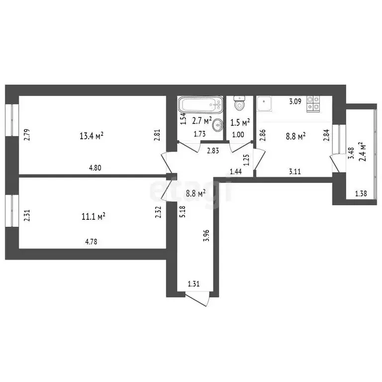 2-комнатная квартира: село Красноусольский, Новая улица, 2 (46.3 м) - Фото 1