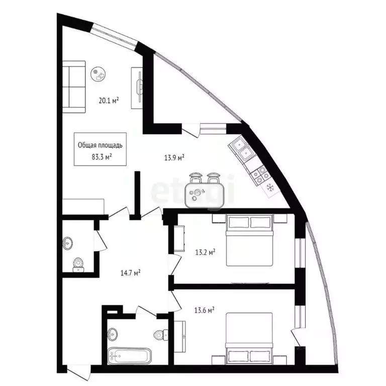 3-к кв. Новосибирская область, Новосибирск ул. Галущака, 15 (93.3 м) - Фото 1