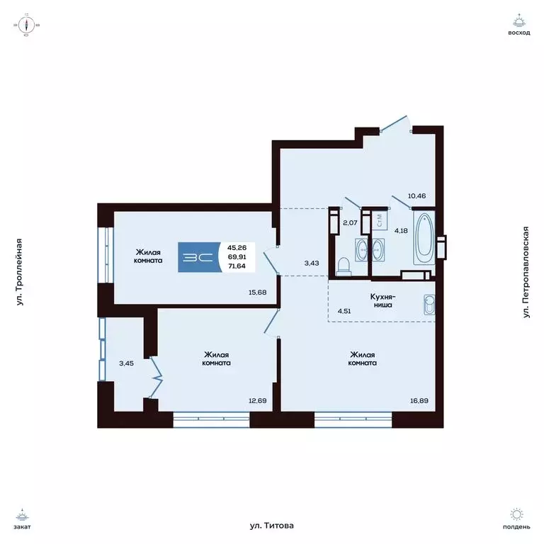 3-комнатная квартира: Новосибирск, улица Титова, 48 (71.64 м) - Фото 0