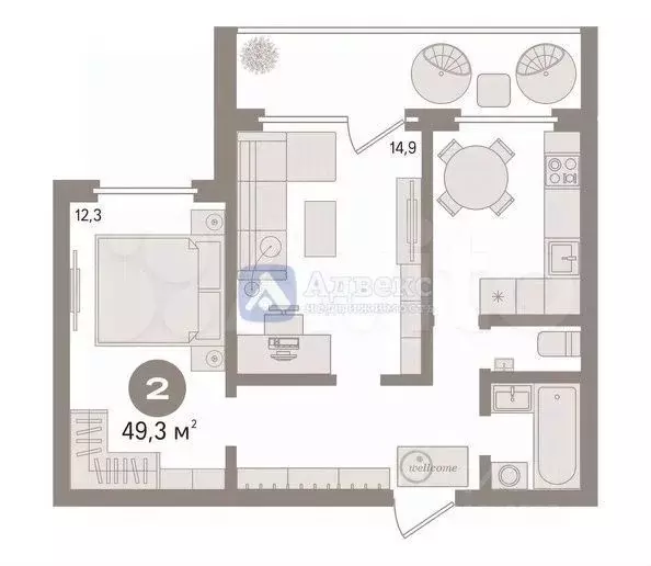 2-к. квартира, 49,3 м, 3/9 эт. - Фото 0