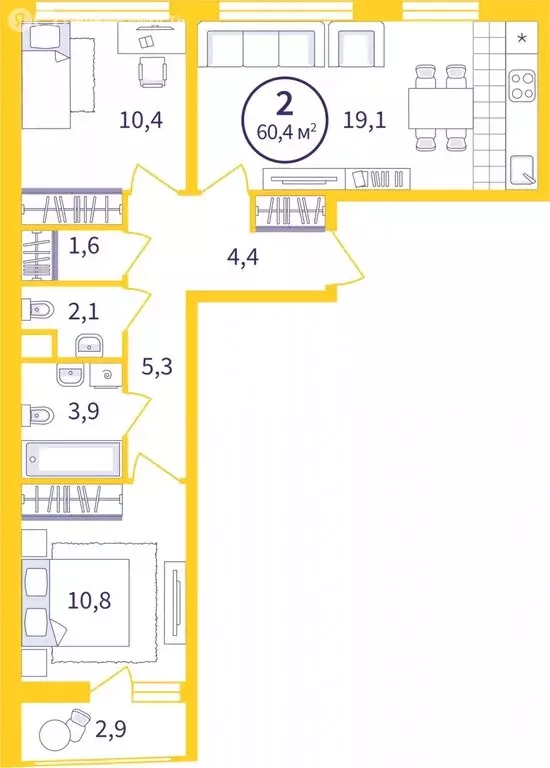 2-комнатная квартира: Екатеринбург, ЖК Астон Реформа (58.98 м) - Фото 0