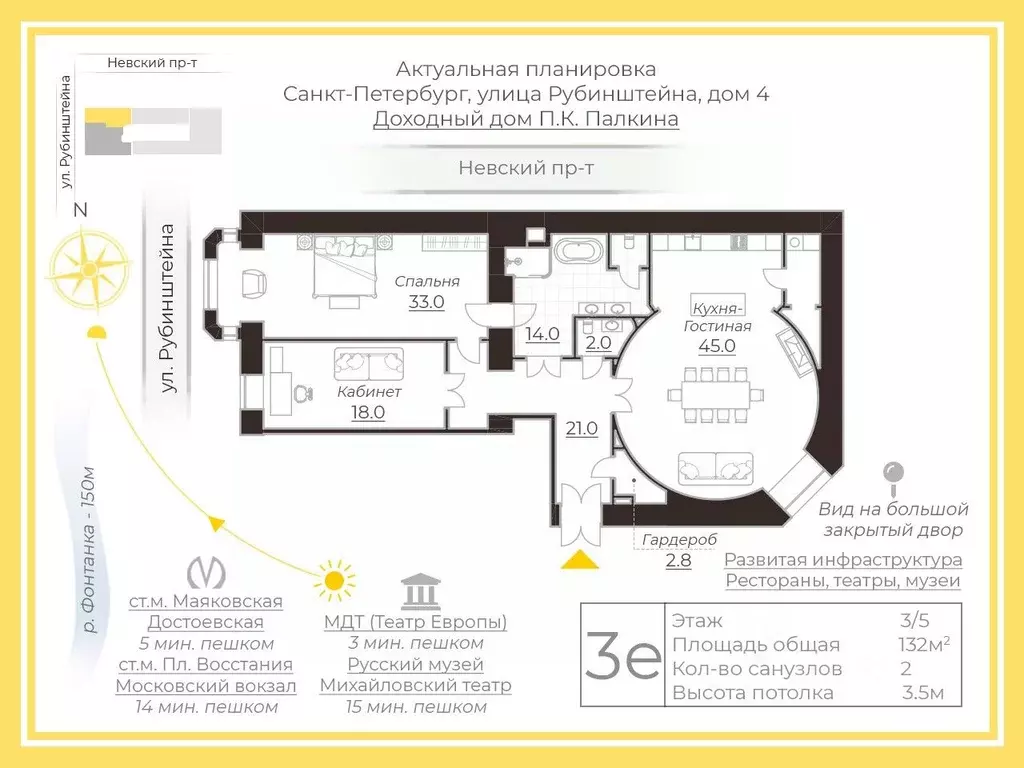 3-к кв. Санкт-Петербург ул. Рубинштейна, 4 (132.0 м) - Фото 1