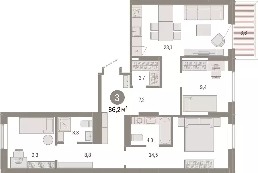 3-комнатная квартира: Омск, Кировский округ (86.19 м) - Фото 1