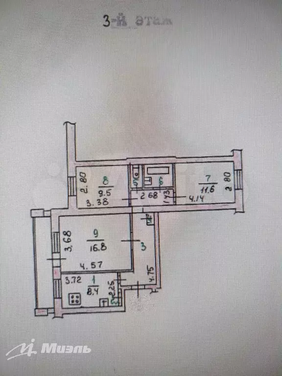 3-к. квартира, 65,4 м, 3/9 эт. - Фото 0