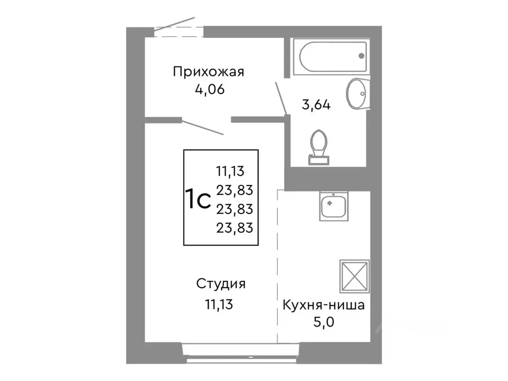 Студия Челябинская область, Челябинск Нефтебазовая ул., 1-13 (23.83 м) - Фото 1