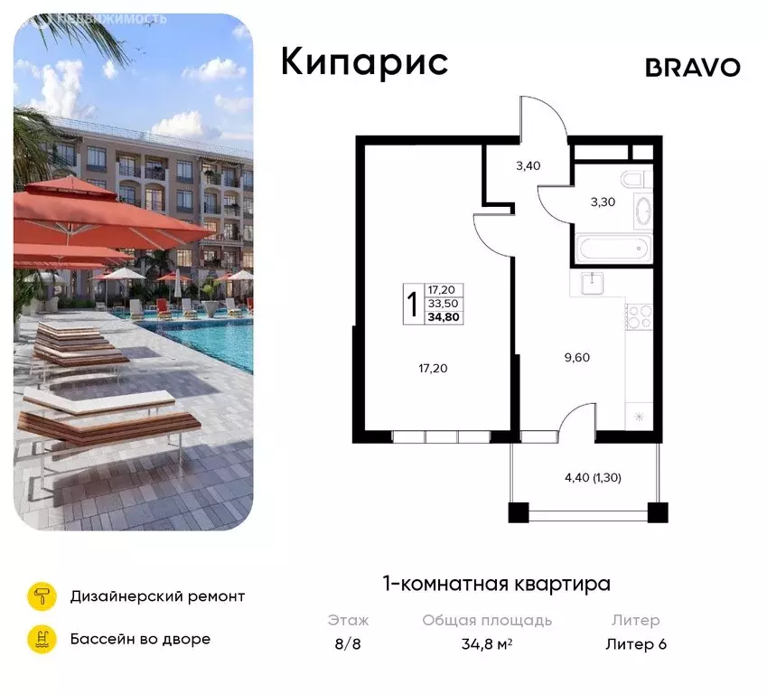 1-комнатная квартира: Сукко, жилой комплекс Кипарис (34.8 м) - Фото 1