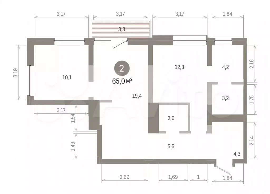 2-к. квартира, 65 м, 6/8 эт. - Фото 1