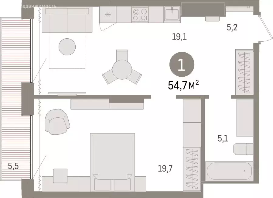 1-комнатная квартира: Тюмень, Краснооктябрьская улица, 4к3 (54.65 м) - Фото 1