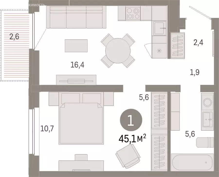 1-комнатная квартира: Тюмень, Мысовская улица, 26к2 (45.13 м) - Фото 1