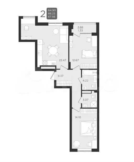 2-к. квартира, 67,6 м, 2/9 эт. - Фото 1