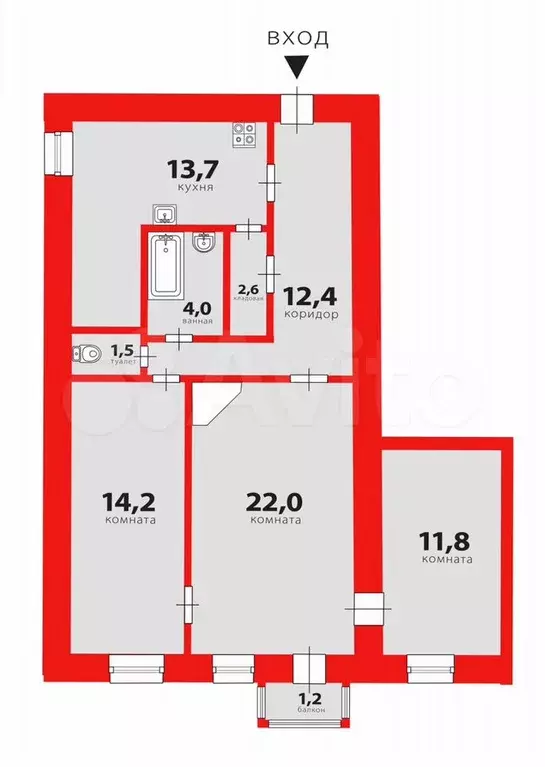 Комната 82,2 м в 3-к., 4/5 эт. - Фото 1