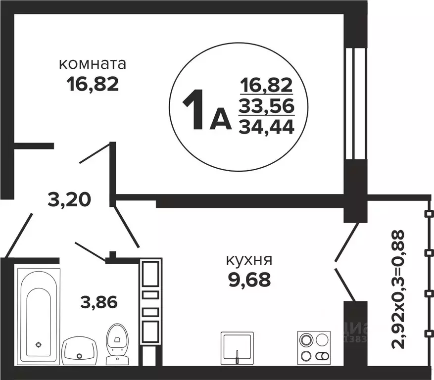 1-к кв. Краснодарский край, Краснодар Российская ул., 257/7 (34.44 м) - Фото 0