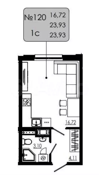 Квартира-студия, 23,9 м, 3/4 эт. - Фото 1