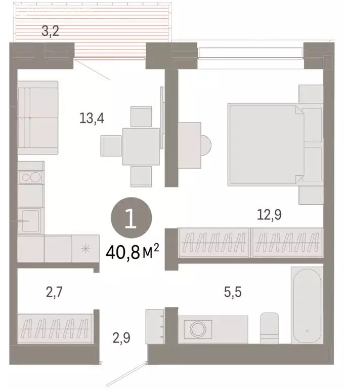 1-комнатная квартира: Тюмень, Причальная улица, 7 (40.78 м) - Фото 2