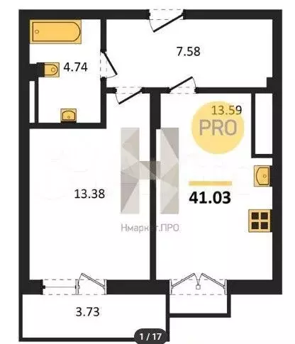 1-к. квартира, 41 м, 7/7 эт. - Фото 1