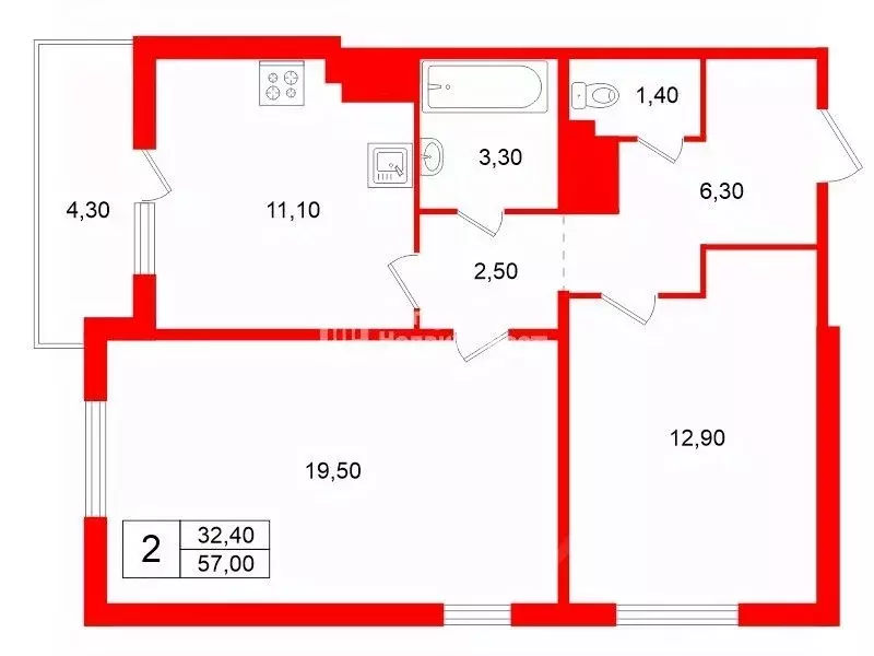 2-к кв. Санкт-Петербург ул. Корнея Чуковского, 3к4 (57.0 м) - Фото 1