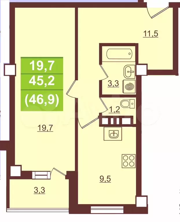1-к. квартира, 46,9 м, 8/9 эт. - Фото 0