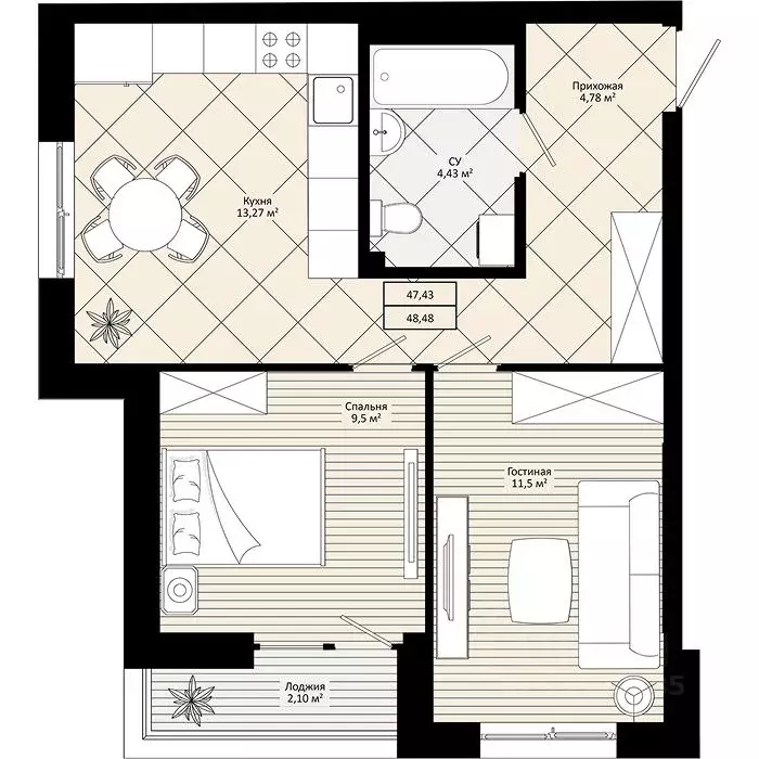 2-к кв. Приморский край, Уссурийск  (48.48 м) - Фото 0