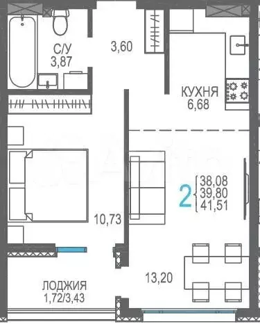 2-к. квартира, 41,5 м, 5/8 эт. - Фото 0