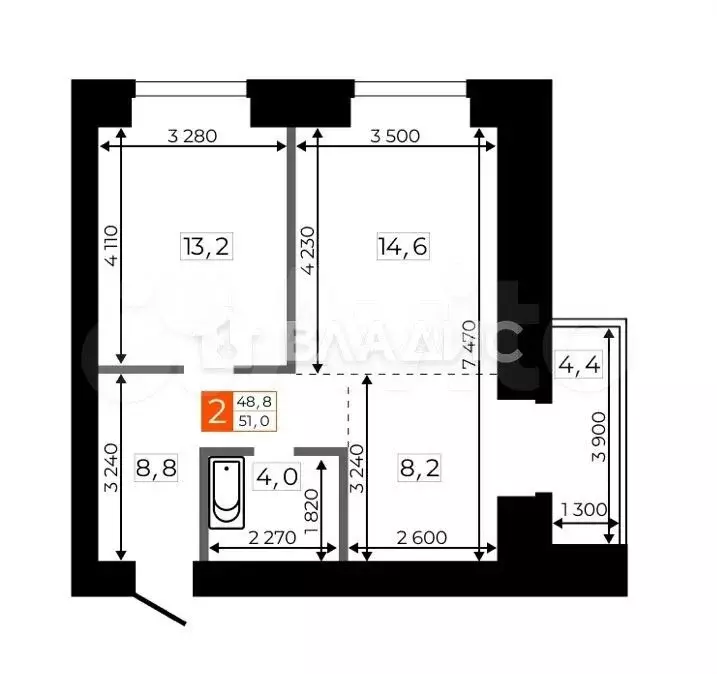 2-к. квартира, 51 м, 8/9 эт. - Фото 0