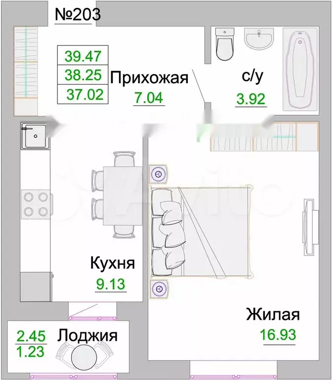 1-к. квартира, 38,3 м, 4/9 эт. - Фото 1