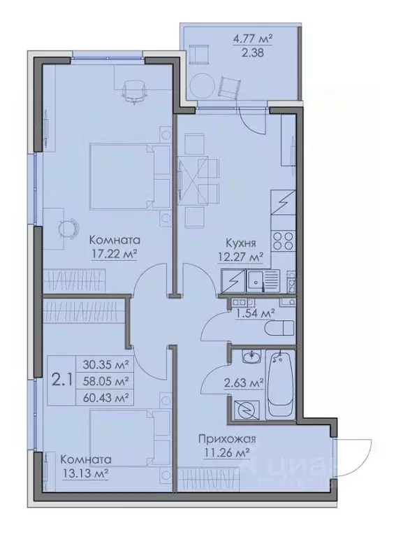 2-к кв. Ленинградская область, Выборг Центральный мкр, Папула кв-л, ... - Фото 1